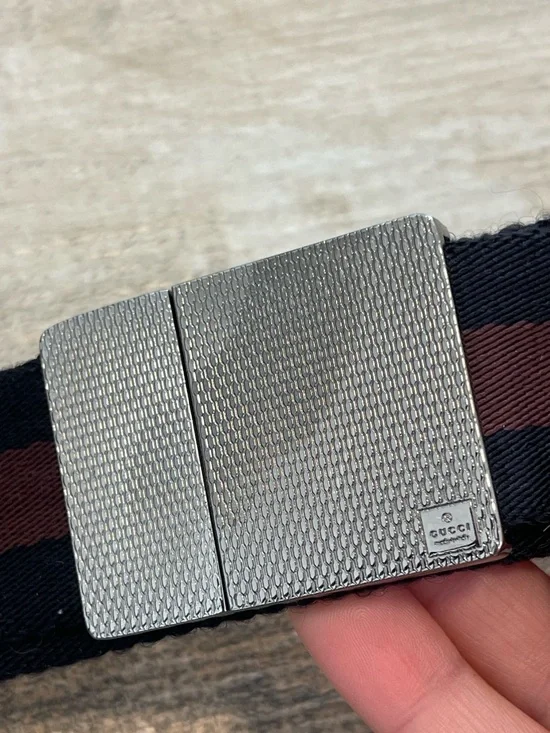 Gucci Canvas Two Tone Brown Black Stripe Web Adjustable Belt Metal Buckle Mens - Picture 2 of 8